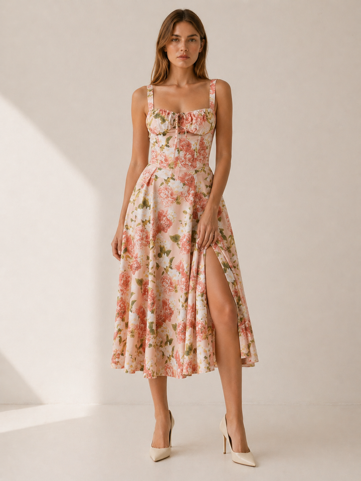 Elara | Floral Midi Sundress with Lace Up Front