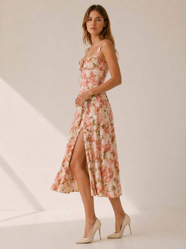 Elara | Floral Midi Sundress with Lace Up Front