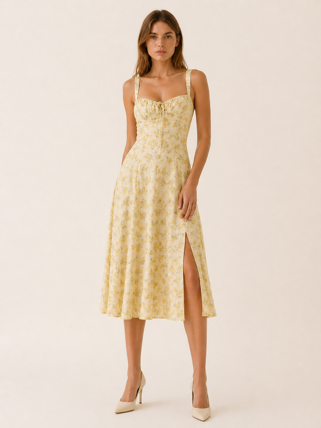 Elara | Floral Midi Sundress with Lace Up Front