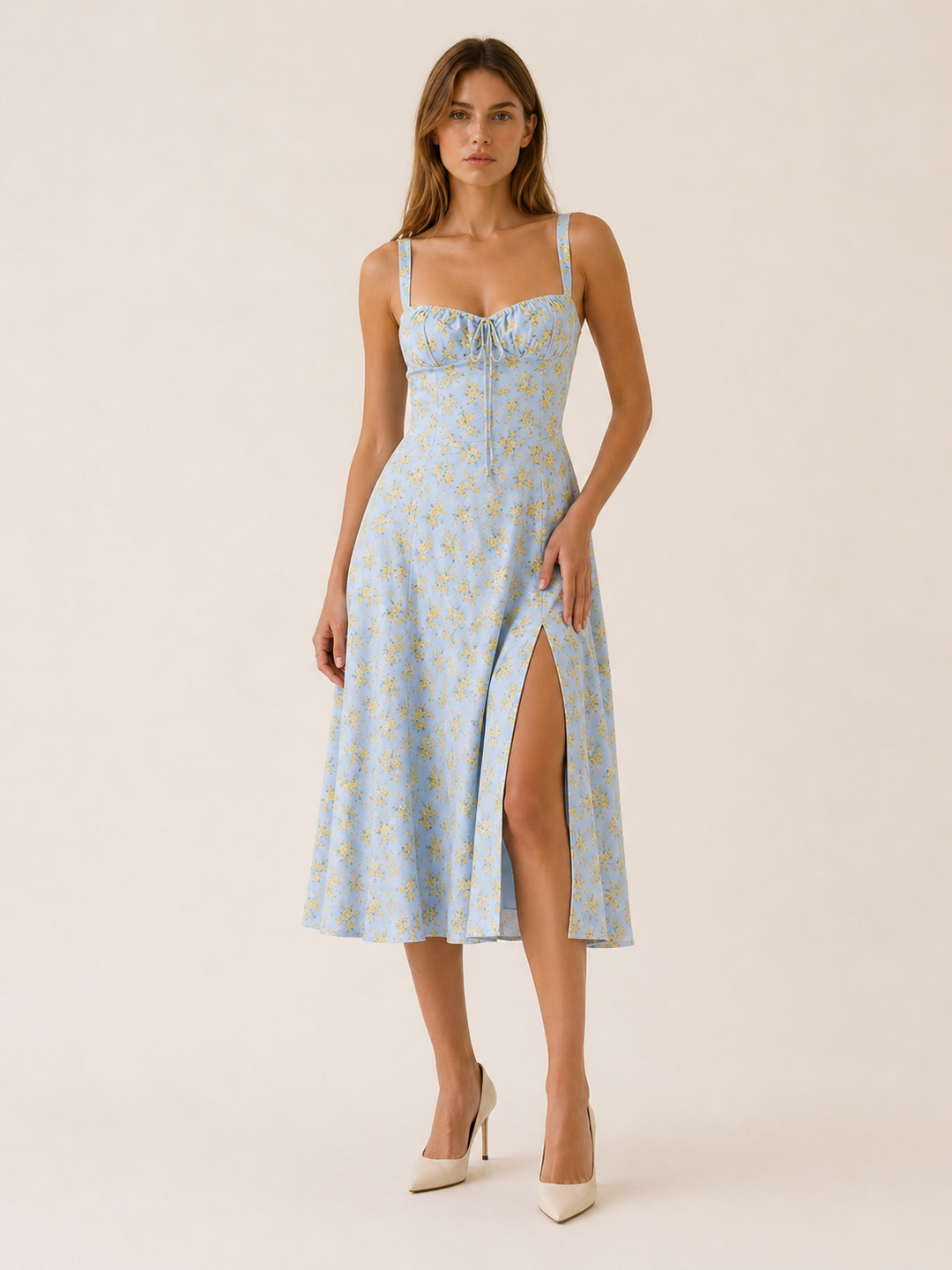 Elara | Floral Midi Sundress with Lace Up Front