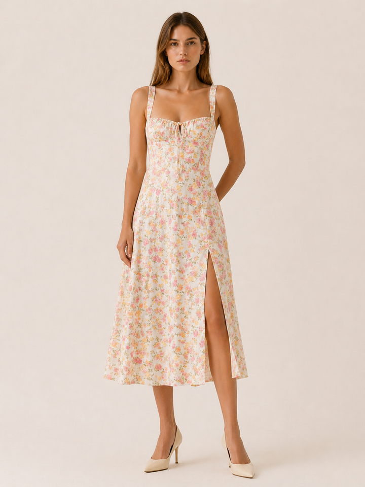 Elara | Floral Midi Sundress with Lace Up Front