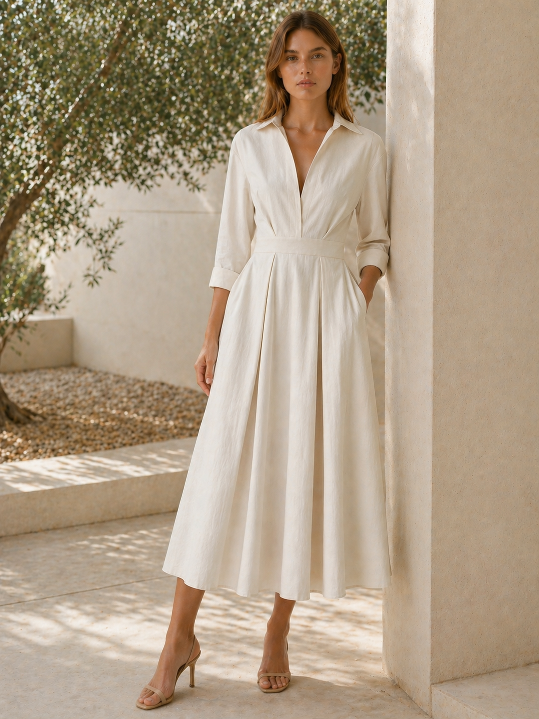 Clara | Midi Shirt Dress with Pleated Skirt and Pockets