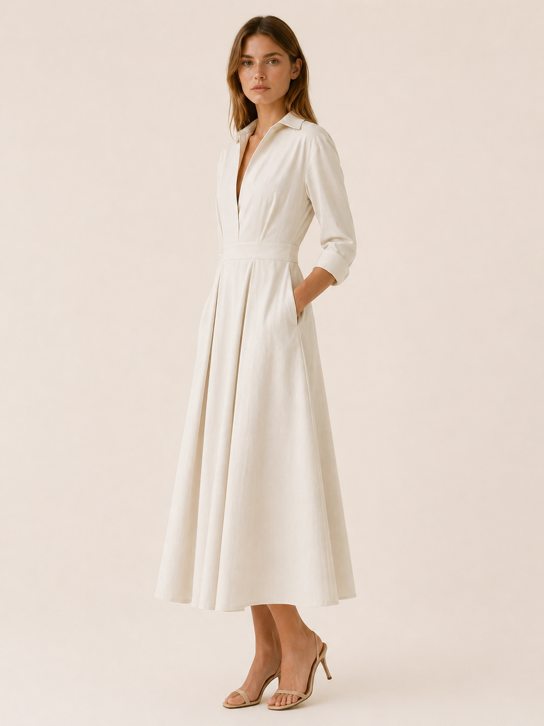 Clara | Midi Shirt Dress with Pleated Skirt and Pockets