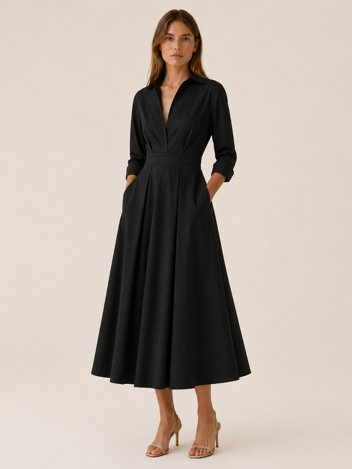 Clara | Midi Shirt Dress with Pleated Skirt and Pockets