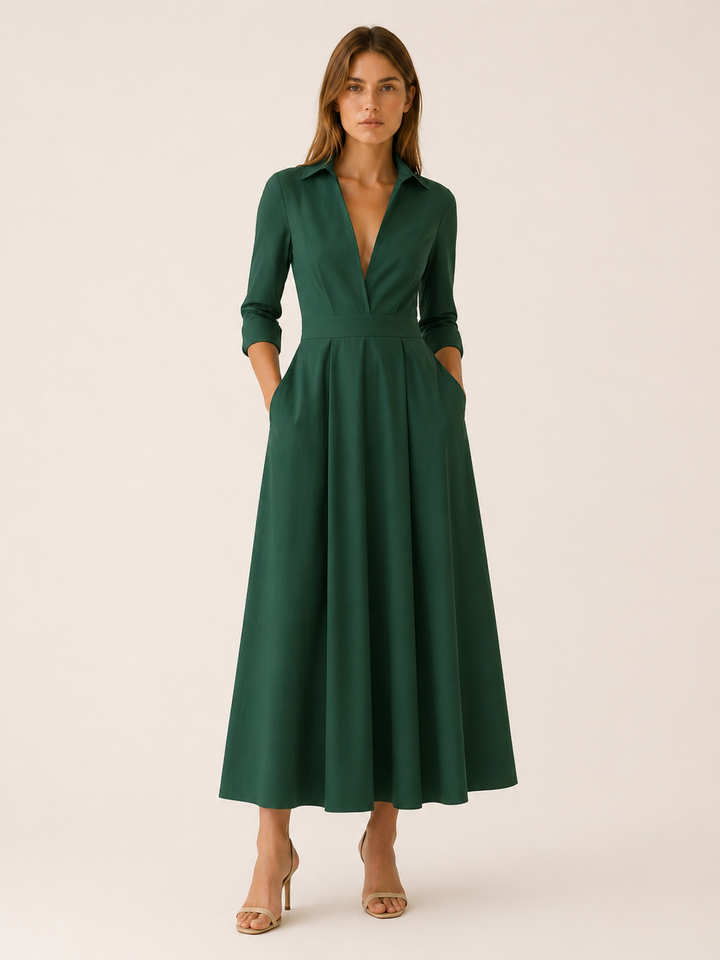 Clara | Midi Shirt Dress with Pleated Skirt and Pockets