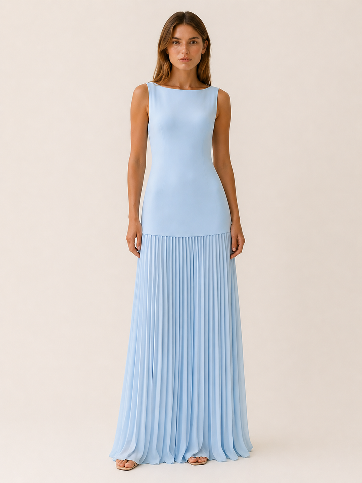 Elise | Pleated Maxi Dress with Boat Neck