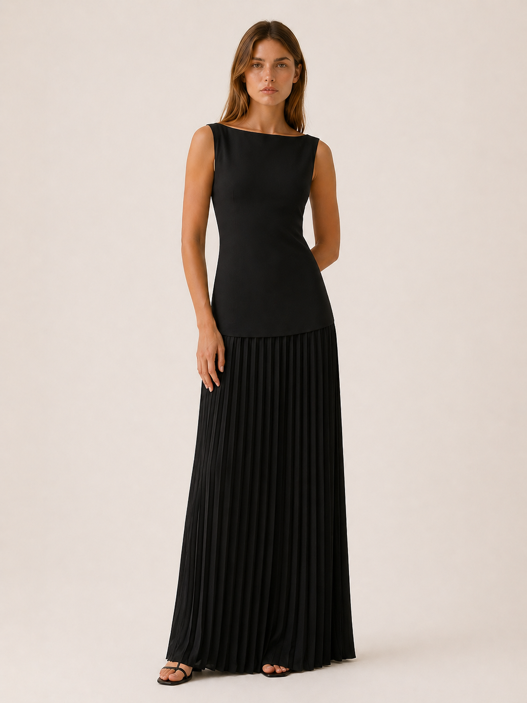 Elise | Pleated Maxi Dress with Boat Neck