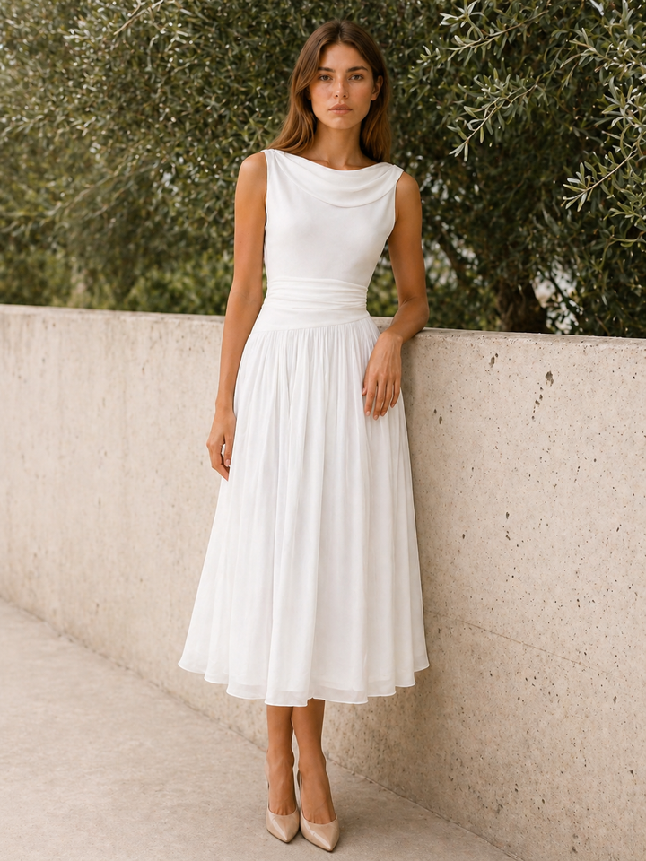 Isabella | Pleated Midi Dress with Draped Neckline