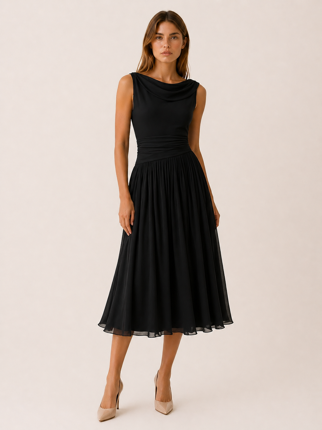 Isabella | Pleated Midi Dress with Draped Neckline