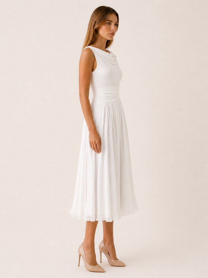 Isabella | Pleated Midi Dress with Draped Neckline