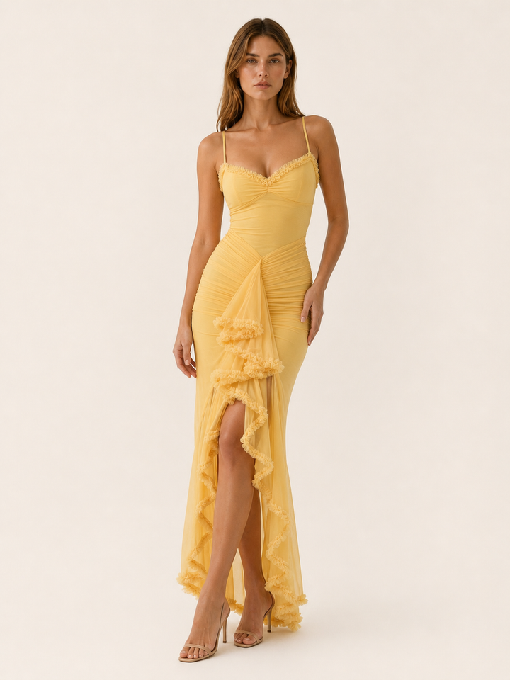 Adeline | Ruffle Maxi Dress with Ruched Detail