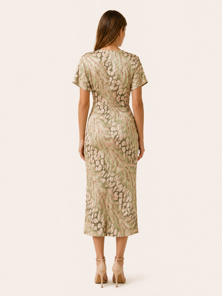 Alma | Floral Midi Dress with V Neck and Pleated Skirt