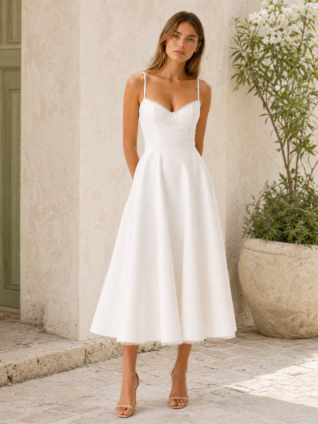 Amara | Satin Corset Midi Dress with Tulle Skirt