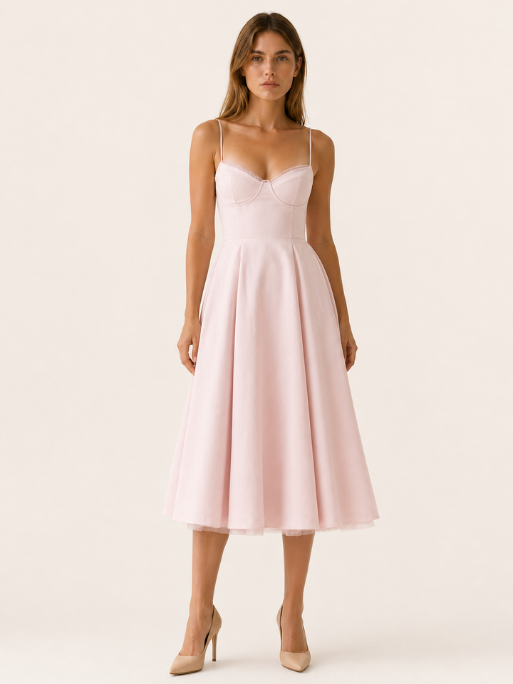 Amara | Satin Corset Midi Dress with Tulle Skirt