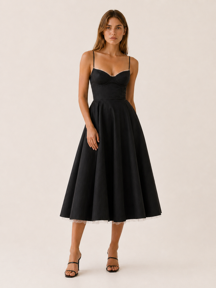 Amara | Satin Corset Midi Dress with Tulle Skirt