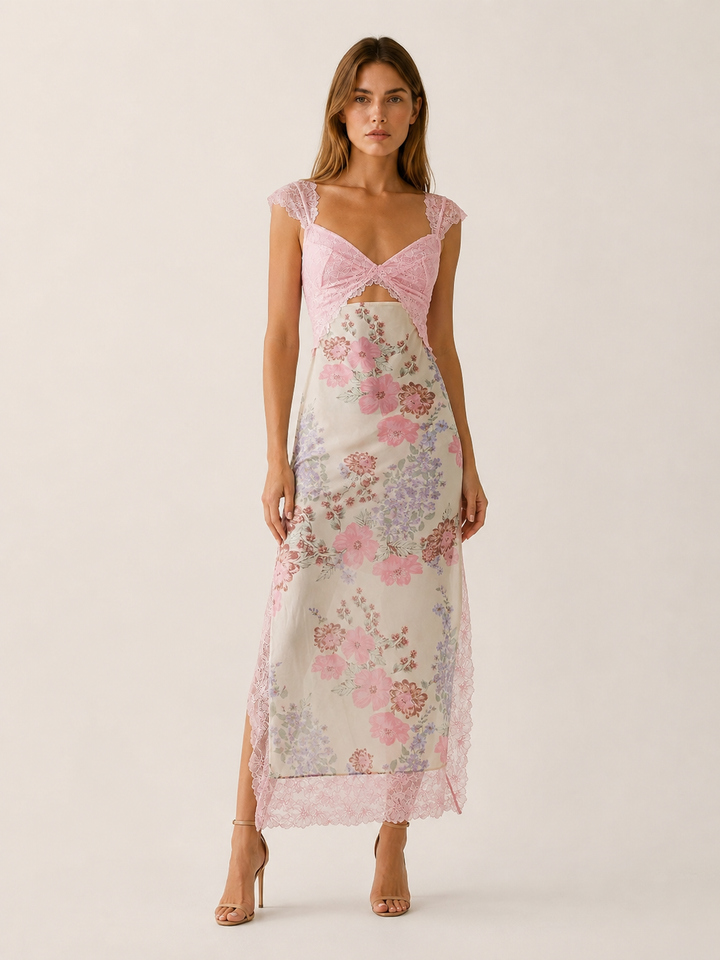 Asha | Floral Maxi Dress with Lace Bodice and Side Slit
