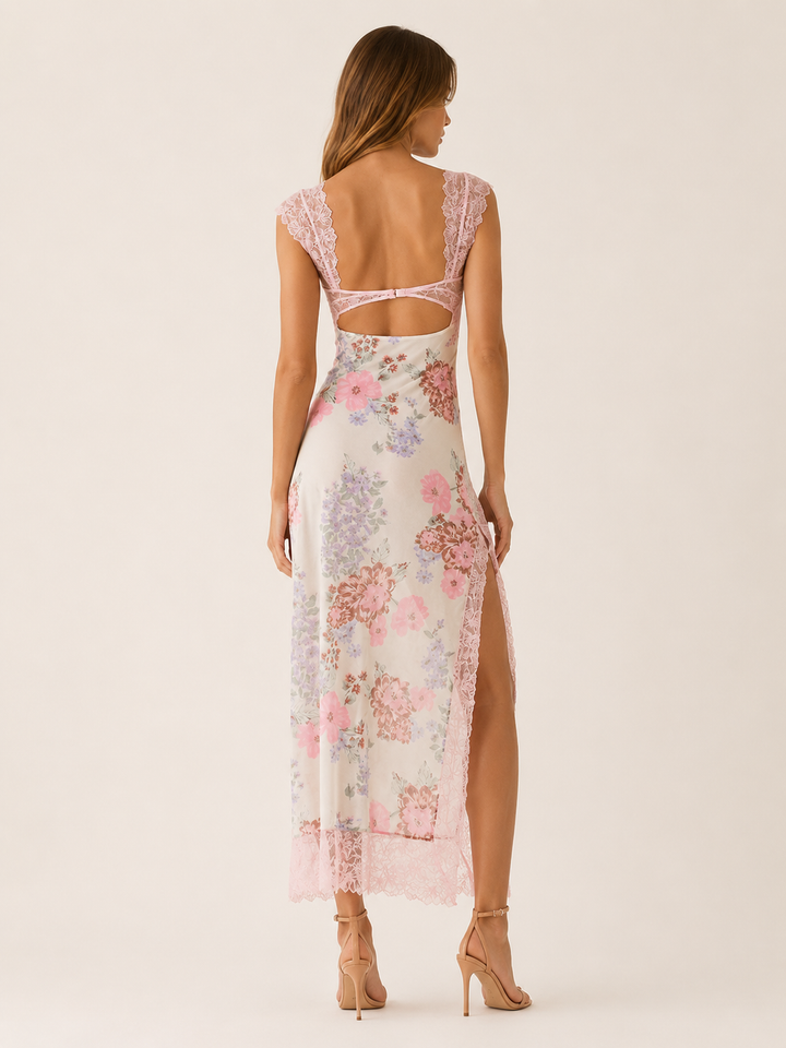 Asha | Floral Maxi Dress with Lace Bodice and Side Slit