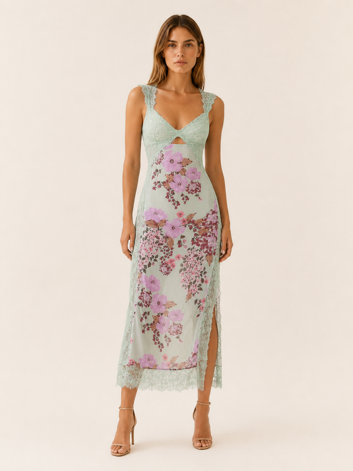 Asha | Floral Maxi Dress with Lace Bodice and Side Slit