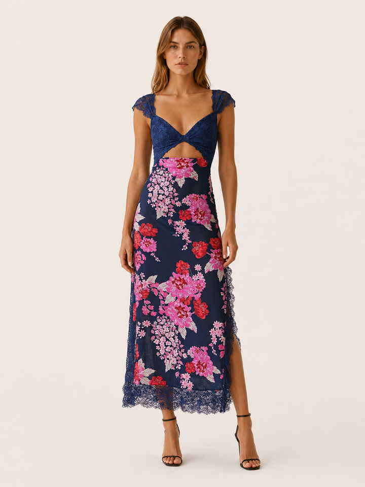 Asha | Floral Maxi Dress with Lace Bodice and Side Slit