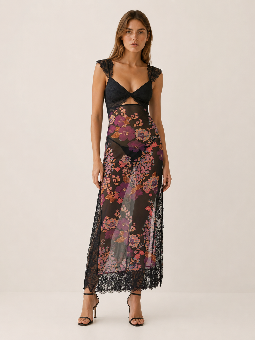 Asha | Floral Maxi Dress with Lace Bodice and Side Slit