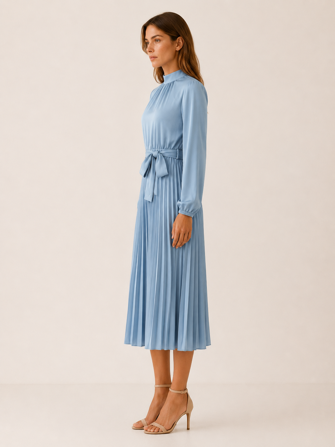Avani | Pleated Midi Dress with Long Sleeves and Tie Waist