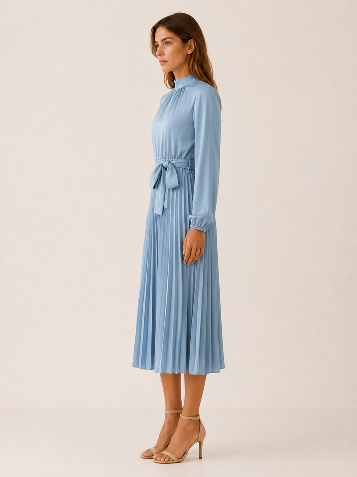 Avani | Pleated Midi Dress with Long Sleeves and Tie Waist