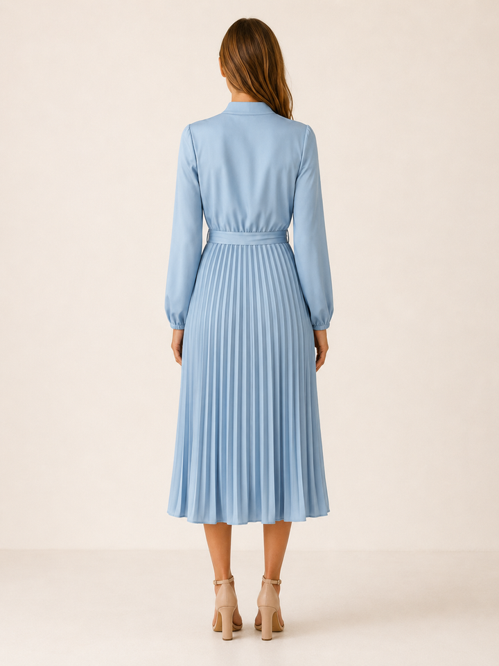 Avani | Pleated Midi Dress with Long Sleeves and Tie Waist