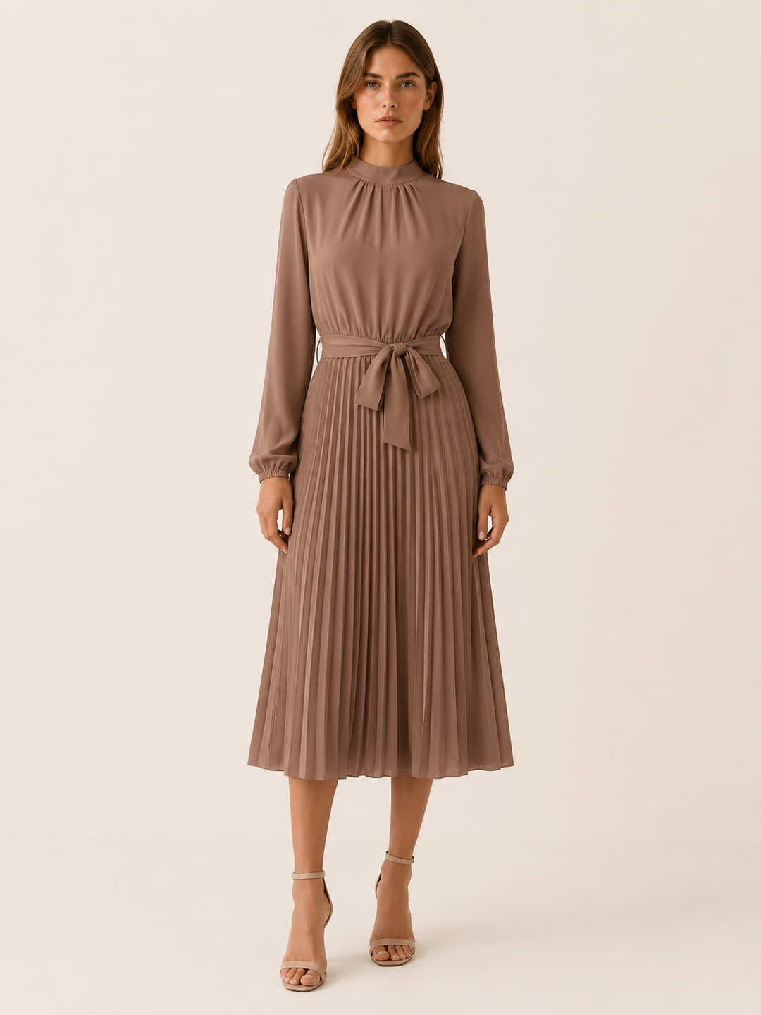 Avani | Pleated Midi Dress with Long Sleeves and Tie Waist