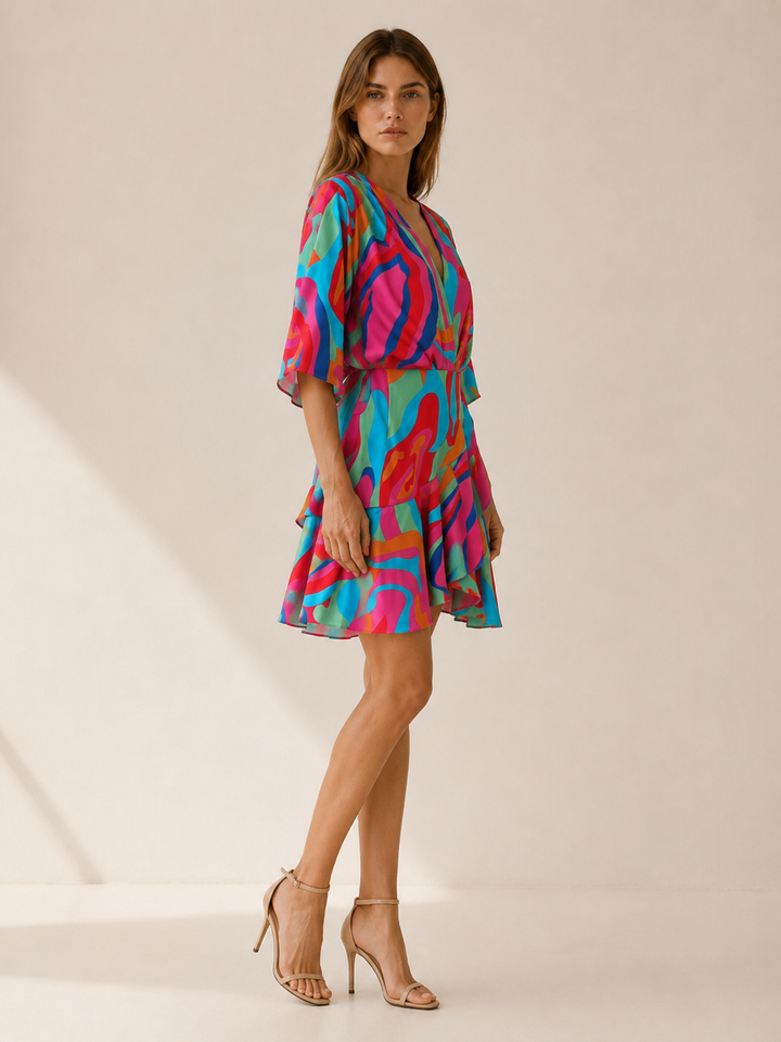 Aveline | Printed Mini Dress with Batwing Sleeves and Tie Waist