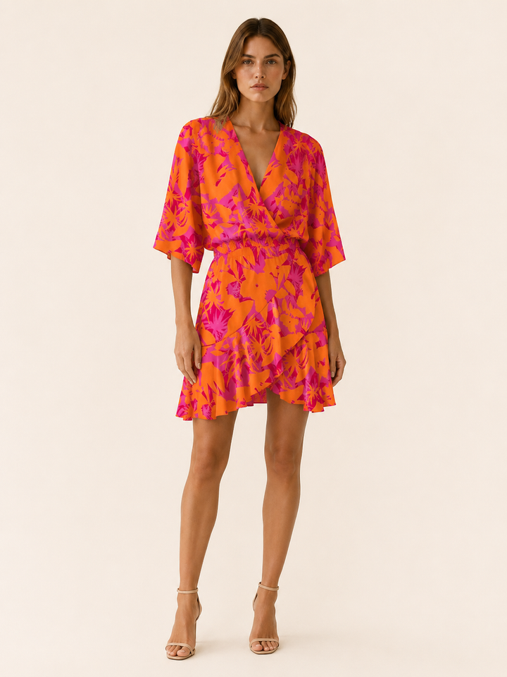 Aveline | Printed Mini Dress with Batwing Sleeves and Tie Waist