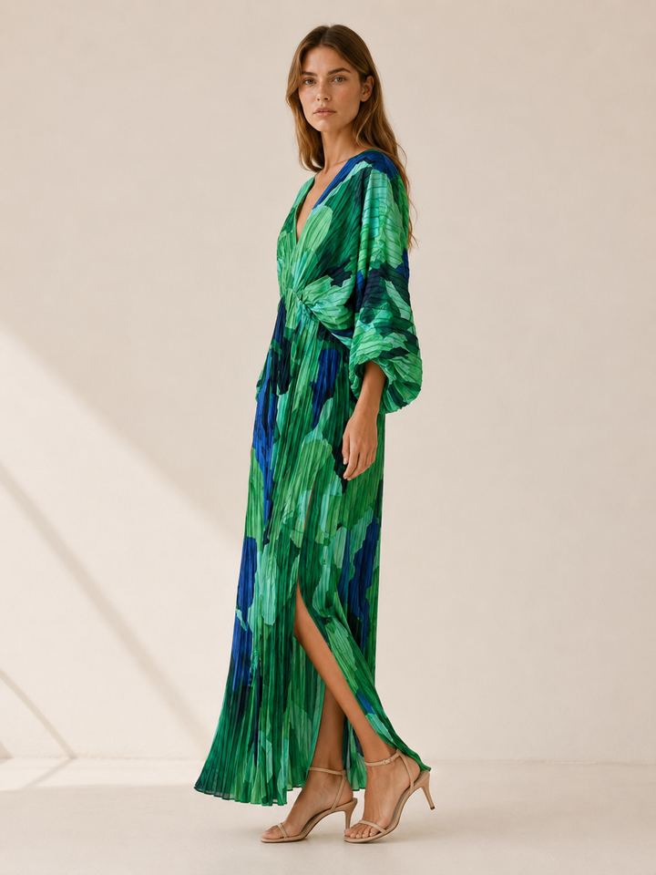 Aviva | Printed Maxi Dress with V Neck and Pleated Finish
