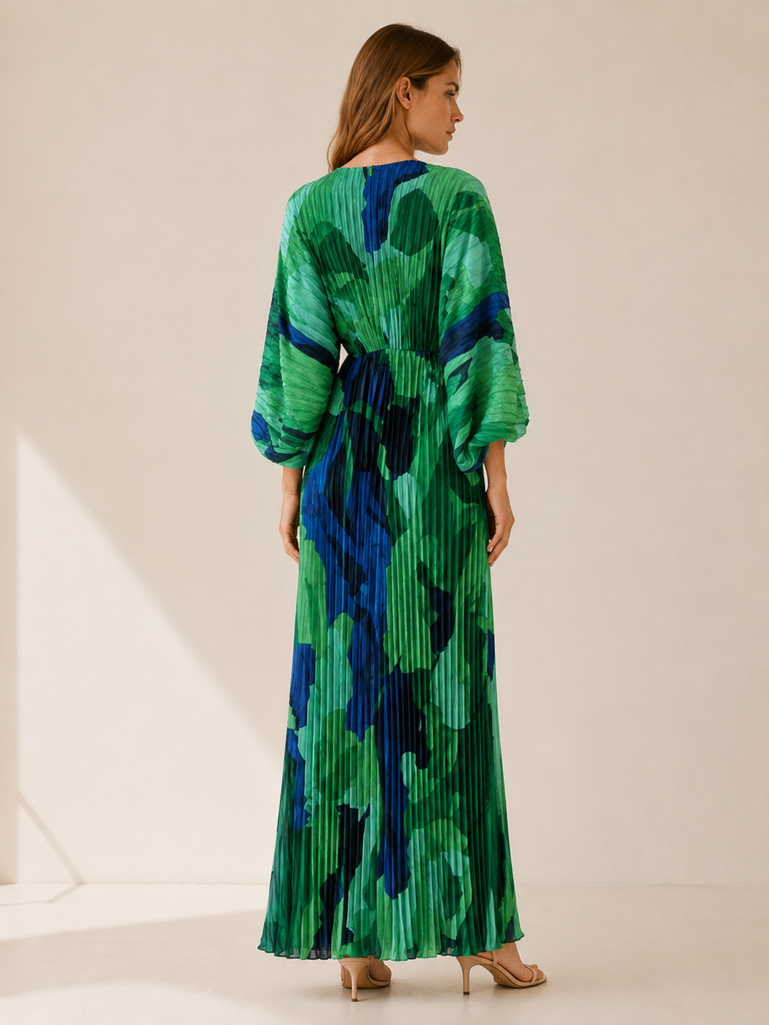 Aviva | Printed Maxi Dress with V Neck and Pleated Finish