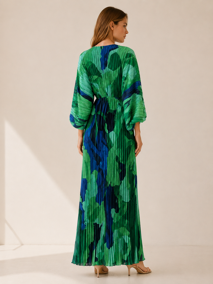 Aviva | Printed Maxi Dress with V Neck and Pleated Finish