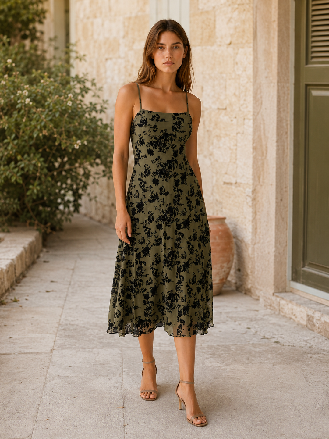 Bella | Floral Midi Dress with Square Neckline