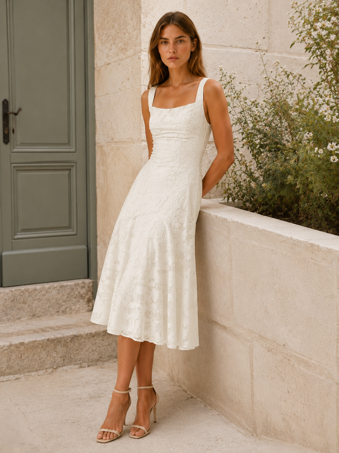 Briseis | Floral Lace Midi Dress with Square Neckline