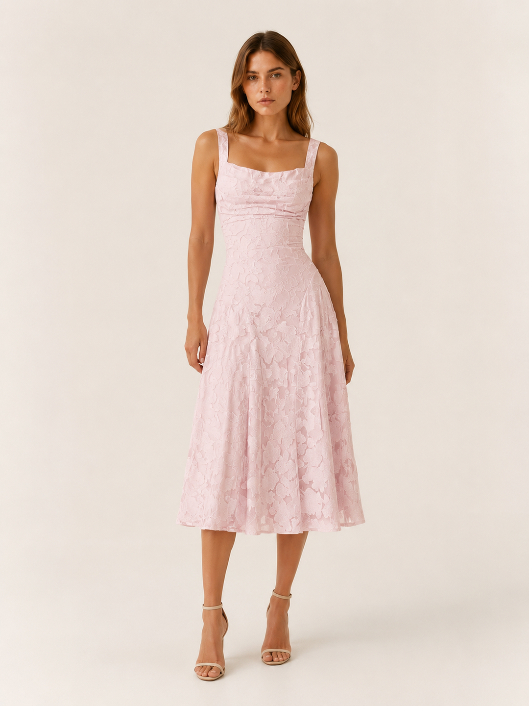 Briseis | Floral Lace Midi Dress with Square Neckline