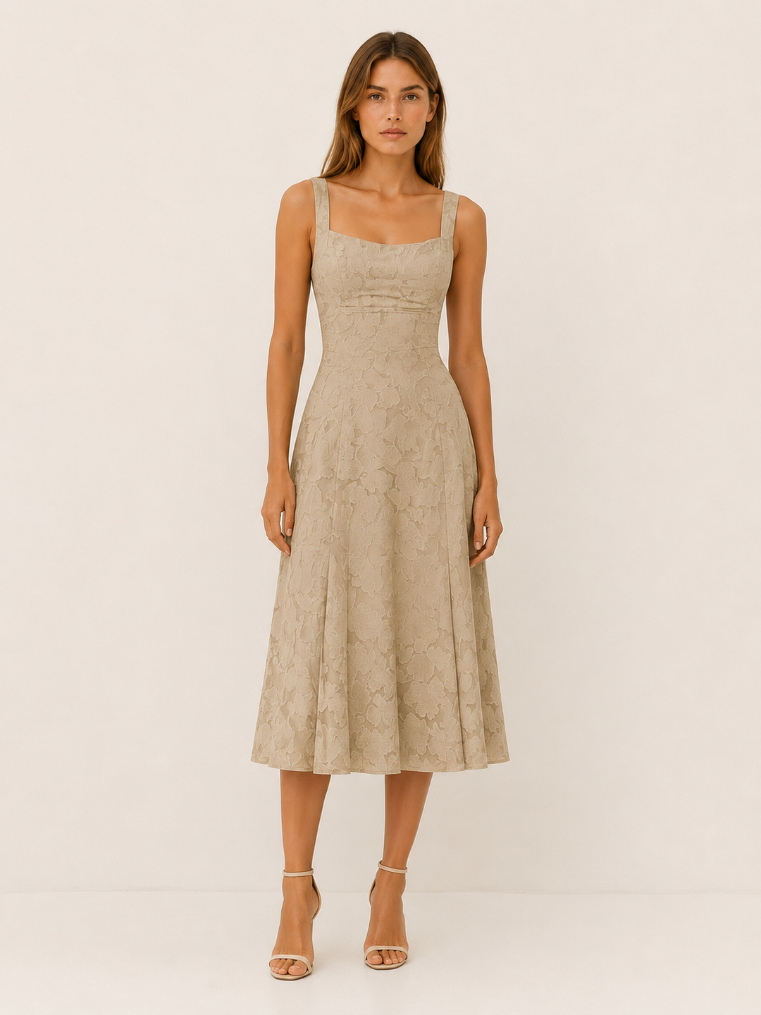 Briseis | Floral Lace Midi Dress with Square Neckline