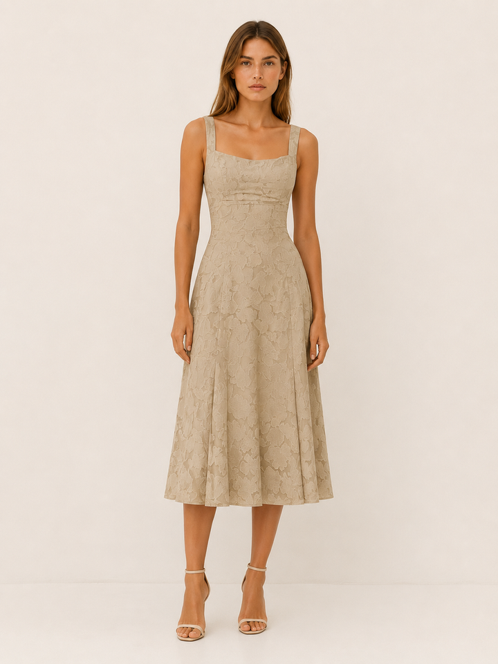 Briseis | Floral Lace Midi Dress with Square Neckline
