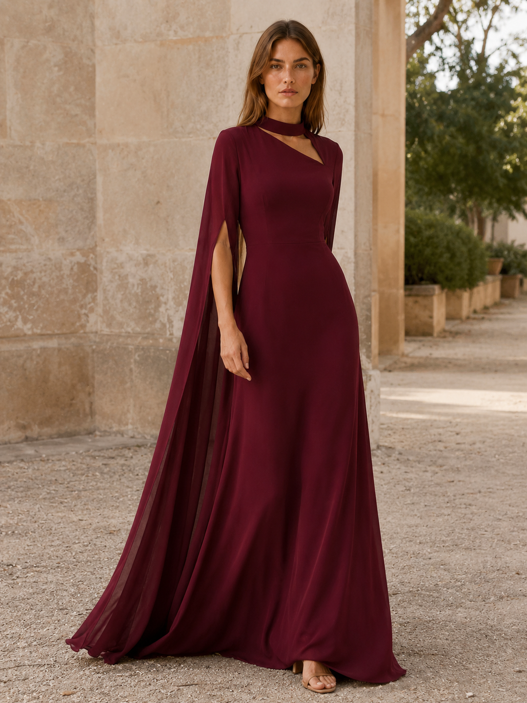 Calina | Chiffon Maxi Dress with Cape Sleeves