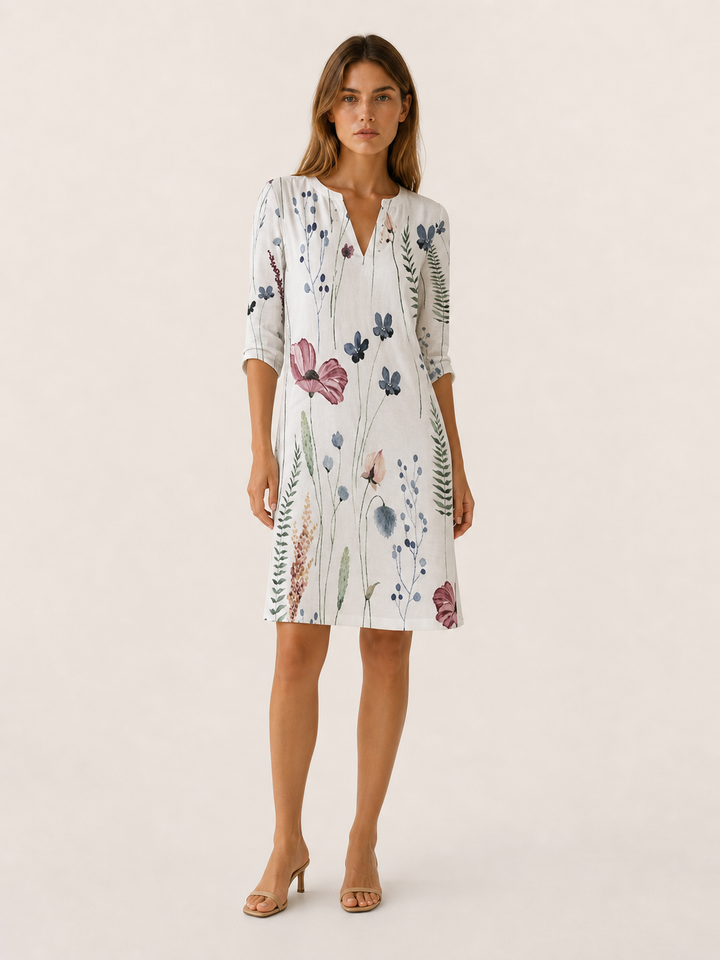 Cassia | Floral Midi Tunic Dress with V-Neckline