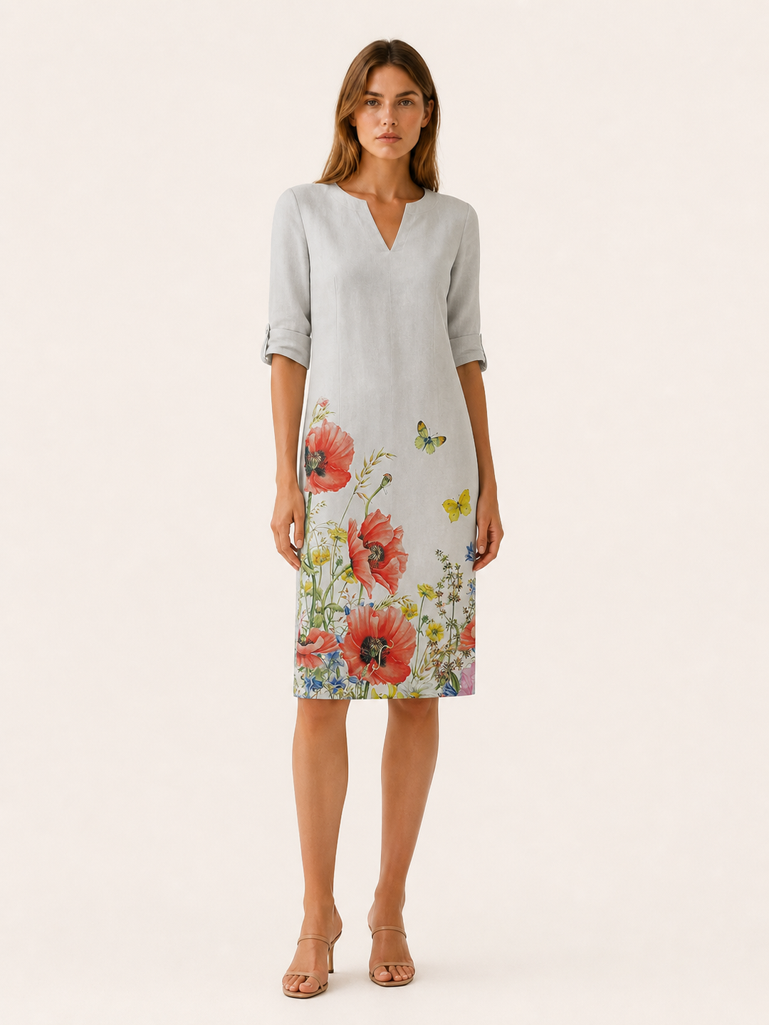 Cassia | Floral Midi Tunic Dress with V-Neckline