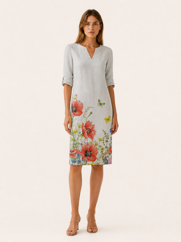 Cassia | Floral Midi Tunic Dress with V-Neckline