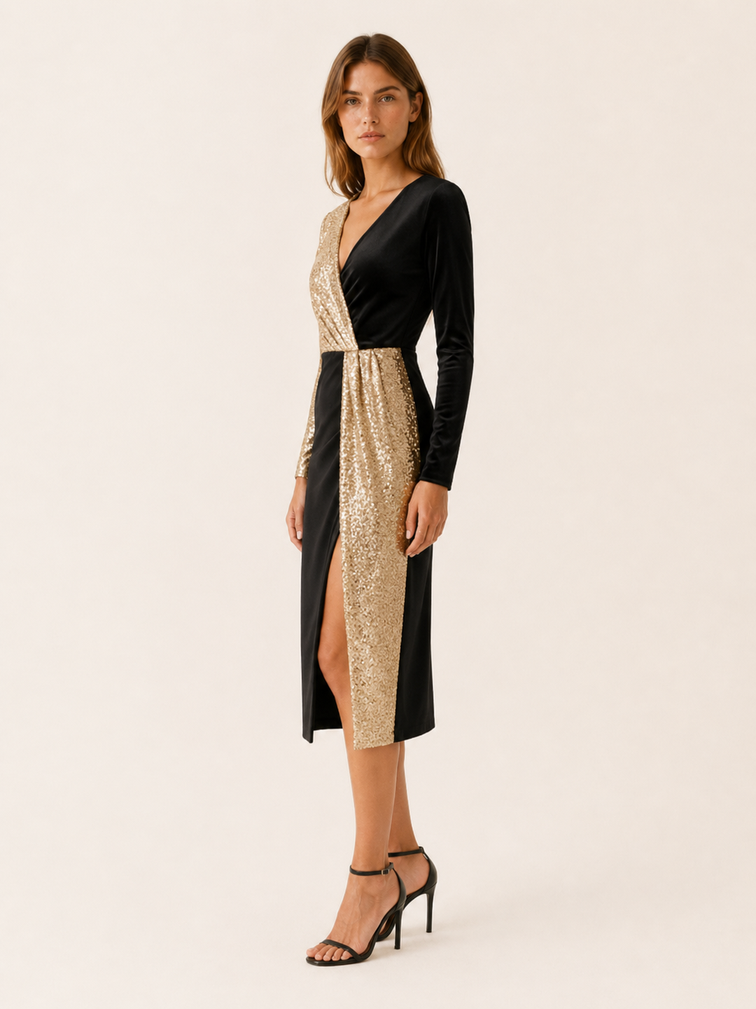 Ciana | Sequin Midi Dress with V Neck and Side Slit