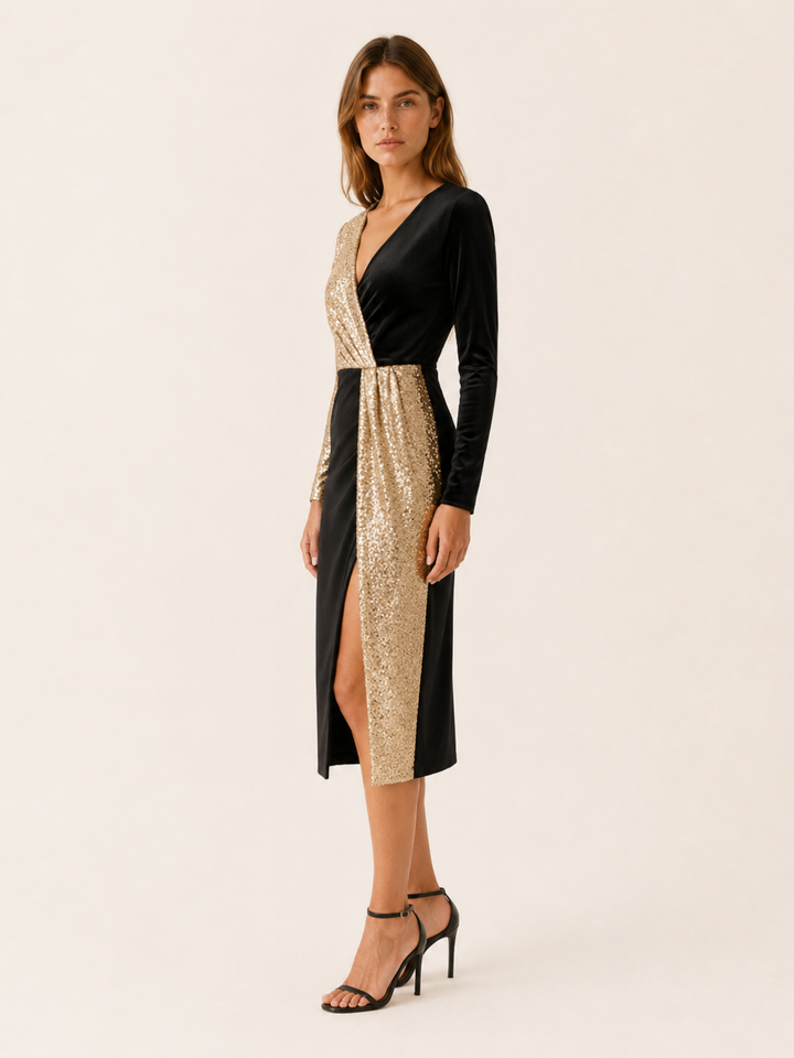 Ciana | Sequin Midi Dress with V Neck and Side Slit