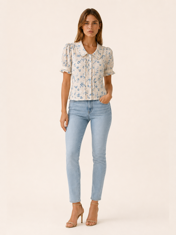 Danica | Floral Blouse with Lace Trim and Pleated Front