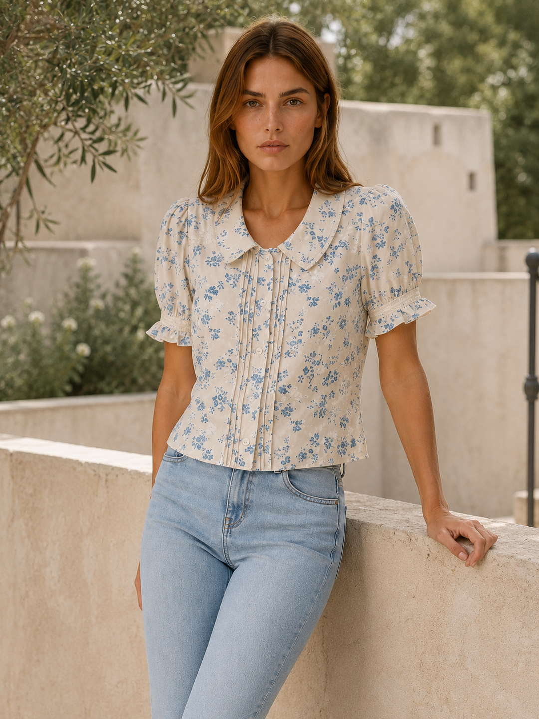 Danica | Floral Blouse with Lace Trim and Pleated Front