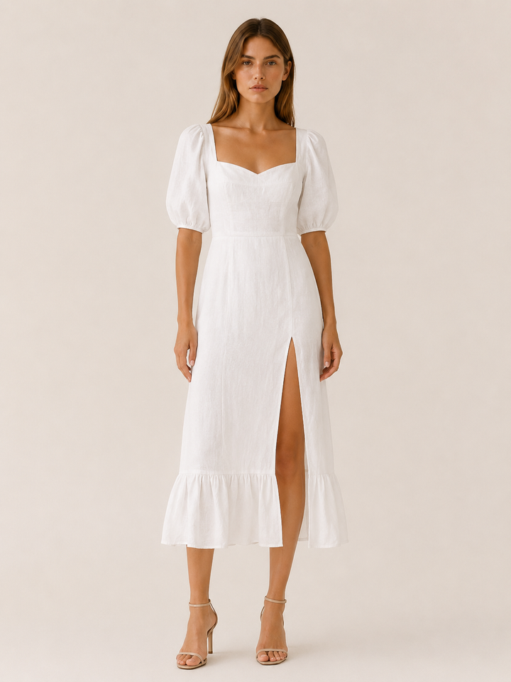 Dione | Puff Sleeve Midi Dress with Split Hem