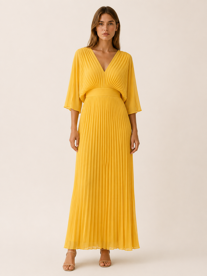 Diora | Pleated Maxi Dress with V Neck