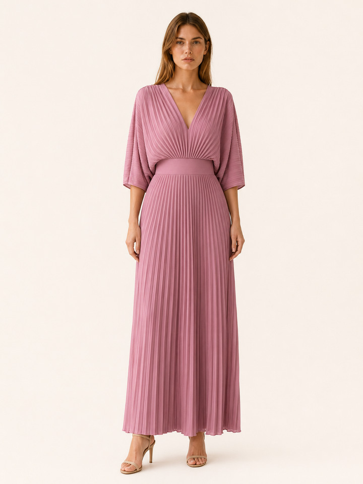Diora | Pleated Maxi Dress with V Neck