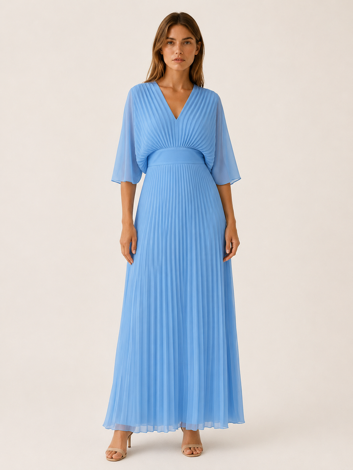 Diora | Pleated Maxi Dress with V Neck